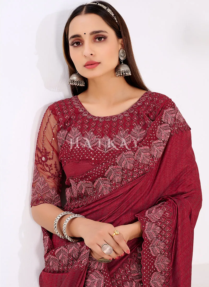 Deep Maroon Embroidered Wedding Wear Indian Saree