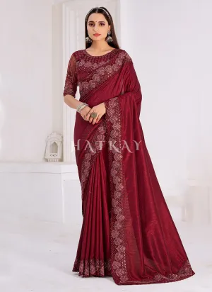 Deep Maroon Embroidered Wedding Wear Indian Saree