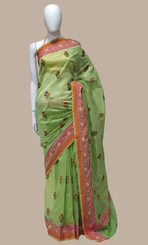 Deep Mint Green Embroidered Cotton Sari