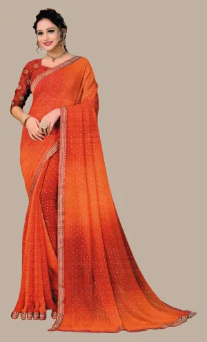 Deep Orange Embroidered Sari