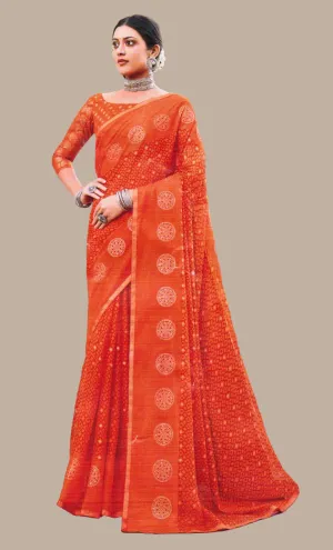 Deep Orange Printed Sari