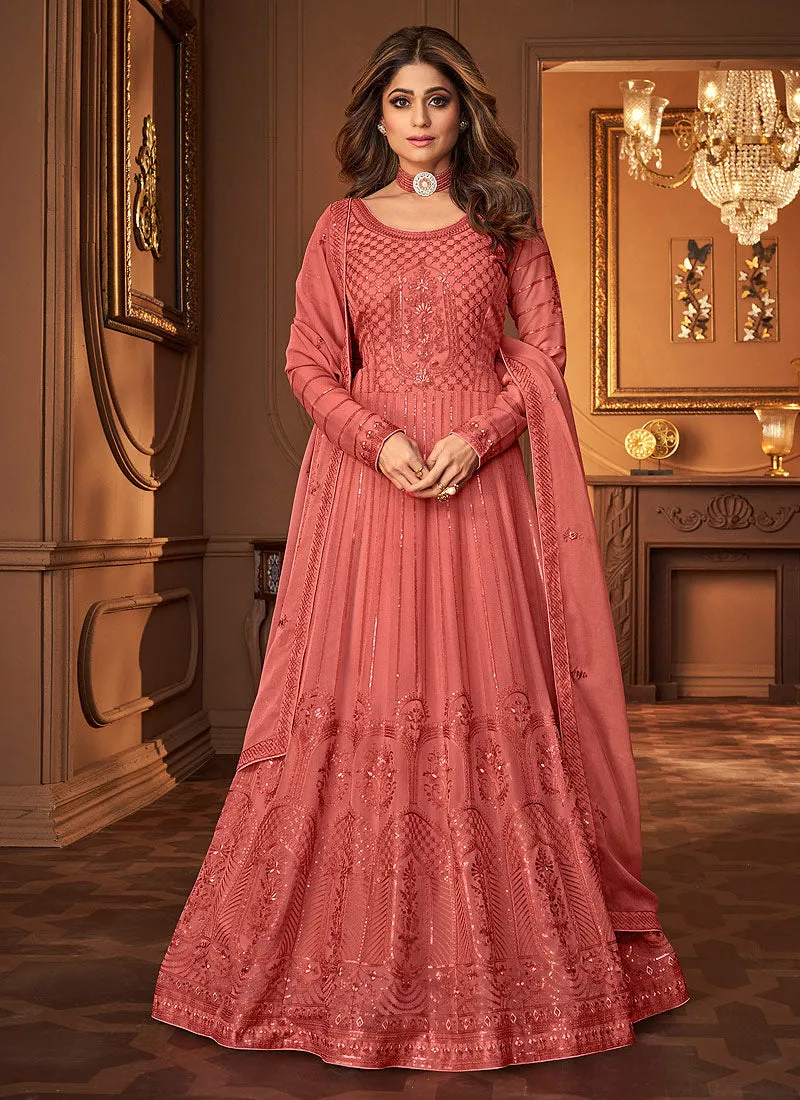 Deep Peach Lucknowi Embroidered Anarkali Suit