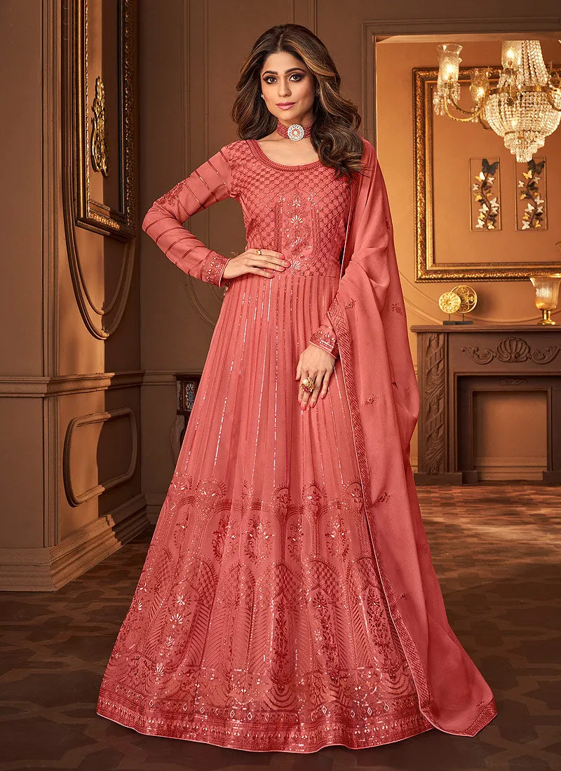 Deep Peach Lucknowi Embroidered Anarkali Suit