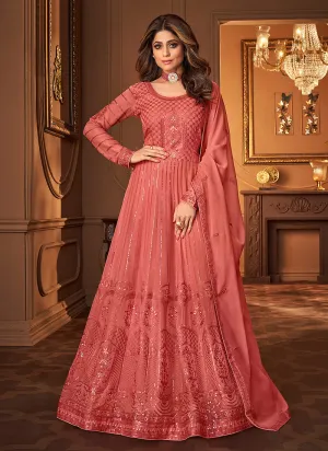 Deep Peach Lucknowi Embroidered Anarkali Suit