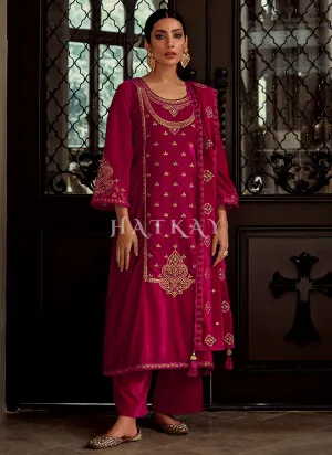 Deep Pink Embroidered Velvet Pant Suit