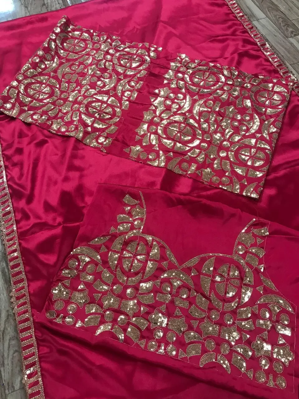 Deep Pink Japan Satin Embroidery Sequins Lace Saree