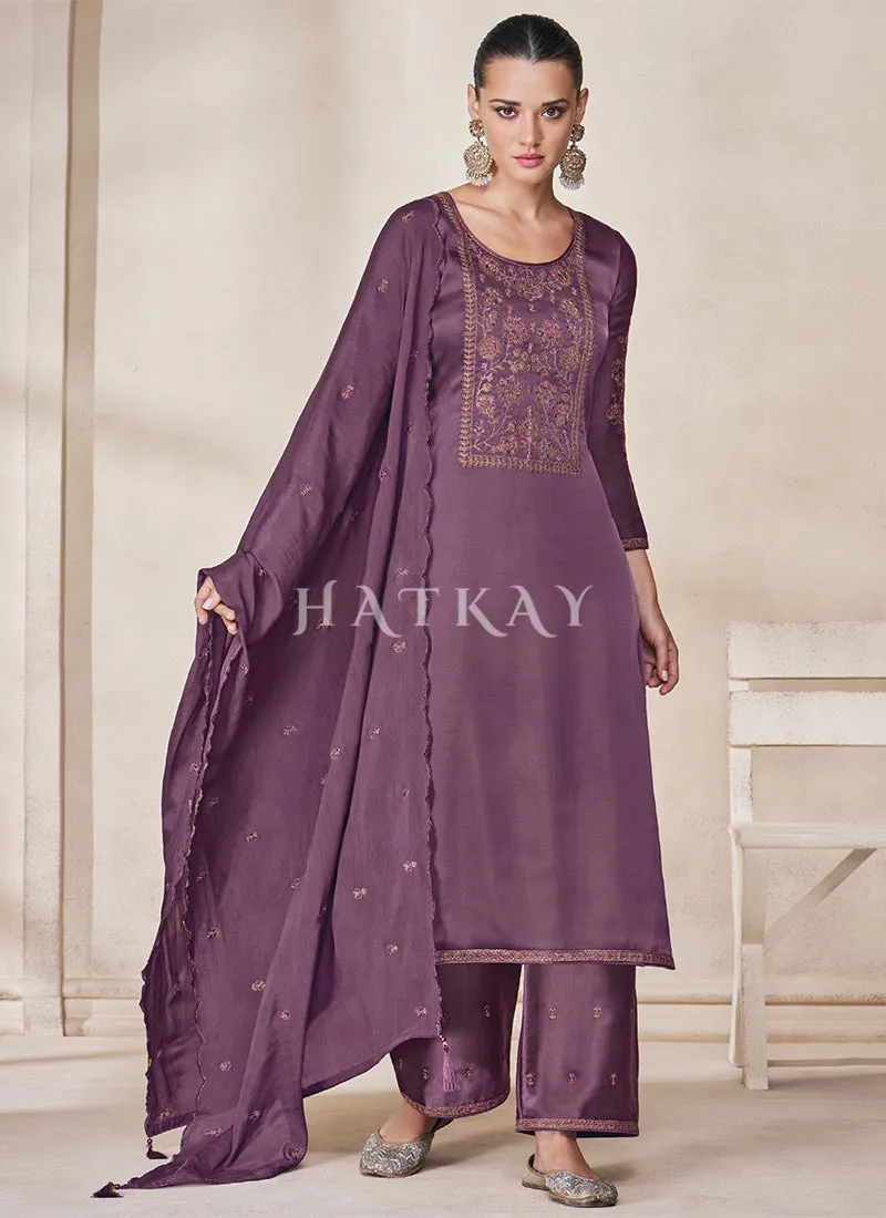 Deep Purple Embroidery Traditional Silk Salwar Kameez