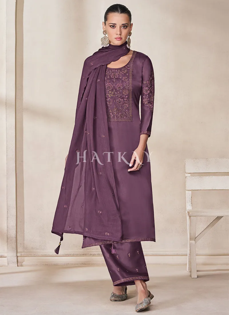 Deep Purple Embroidery Traditional Silk Salwar Kameez