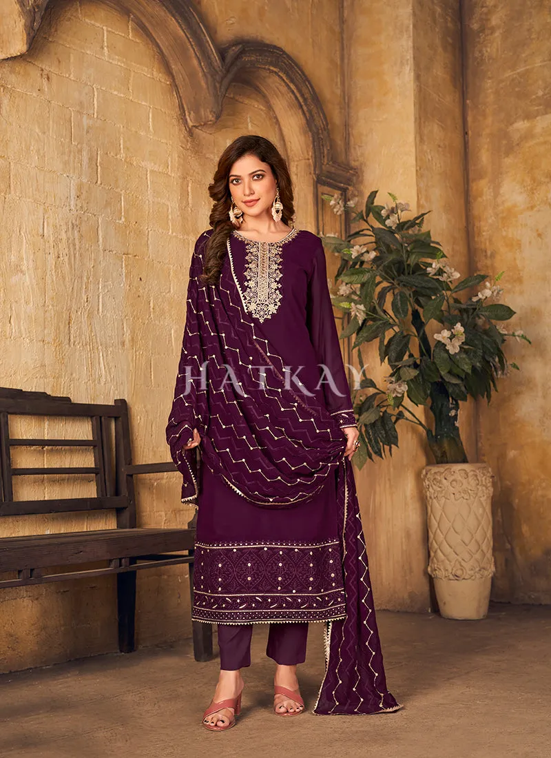 Deep Purple Georgette Embroidered Pant Style Salwar Suit