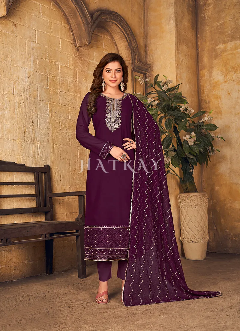 Deep Purple Georgette Embroidered Pant Style Salwar Suit