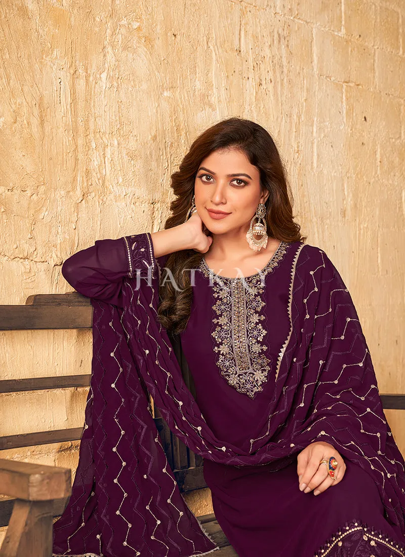 Deep Purple Georgette Embroidered Pant Style Salwar Suit