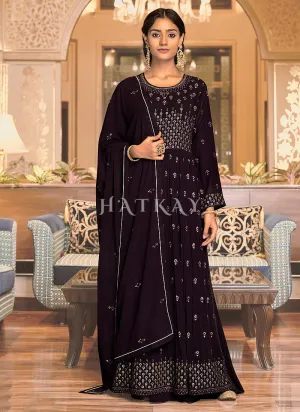 Deep Purple Georgette Embroidery High Slit Gharara Suit