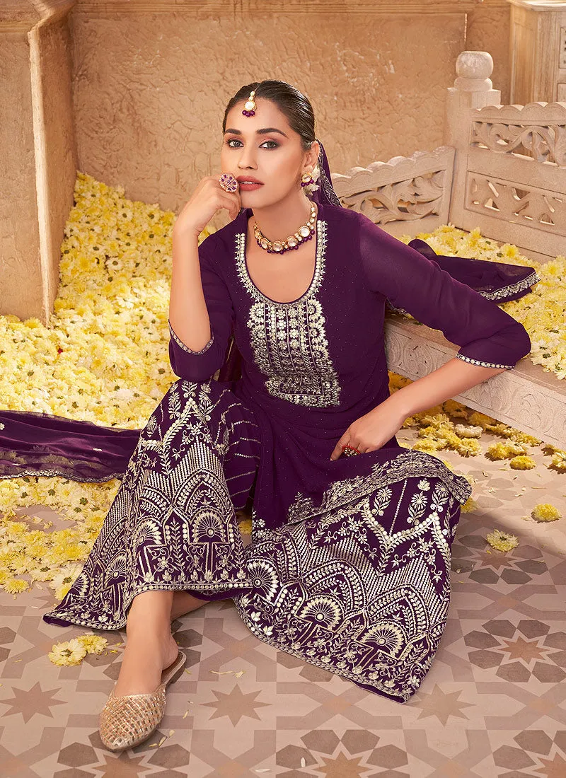 Deep Purple Zari Embroidered Festive Palazzo Style Suit