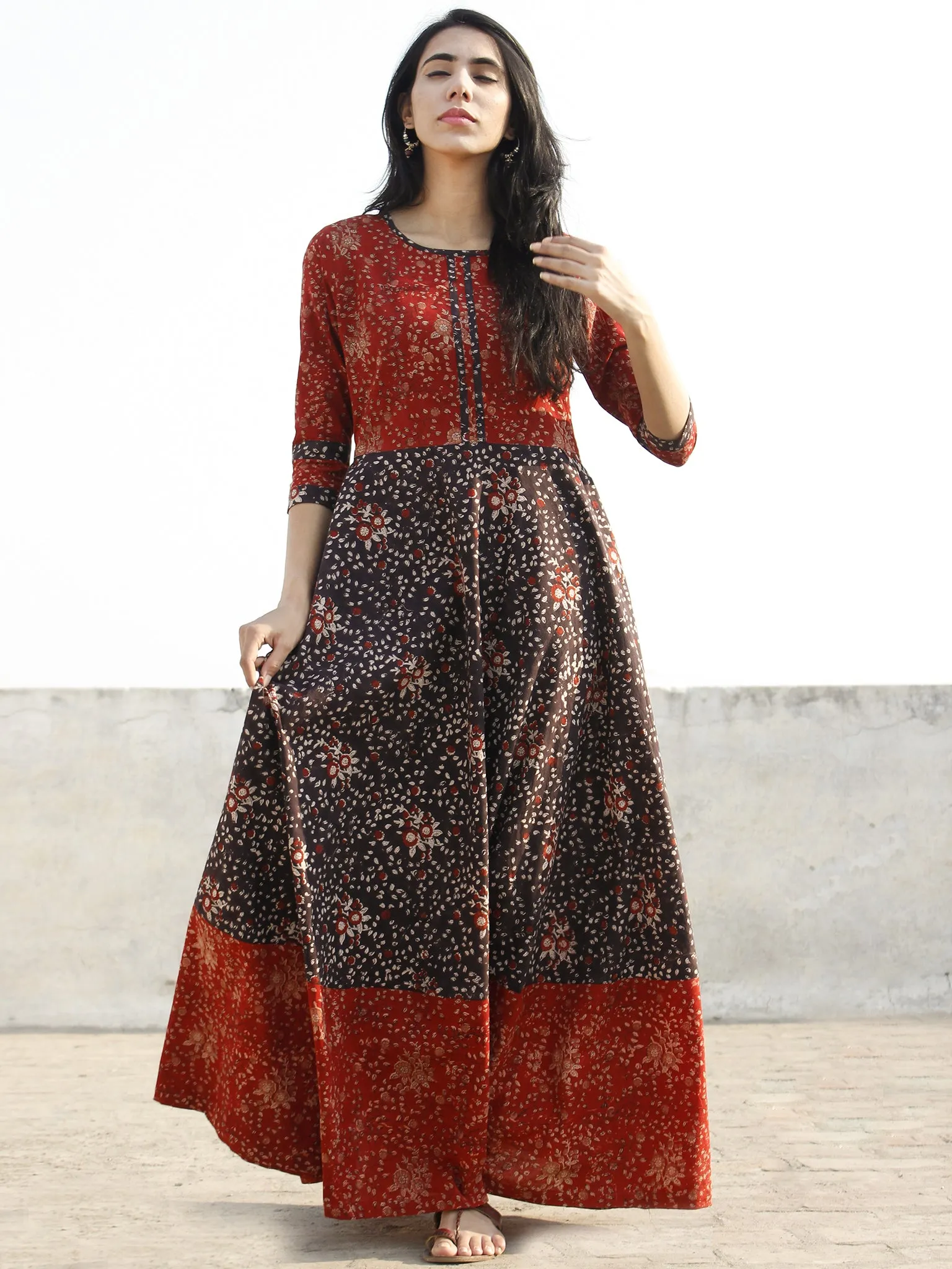 Deep Red Black Maroon Beige Hand Block Printed Long Cotton Dress - D150F1150