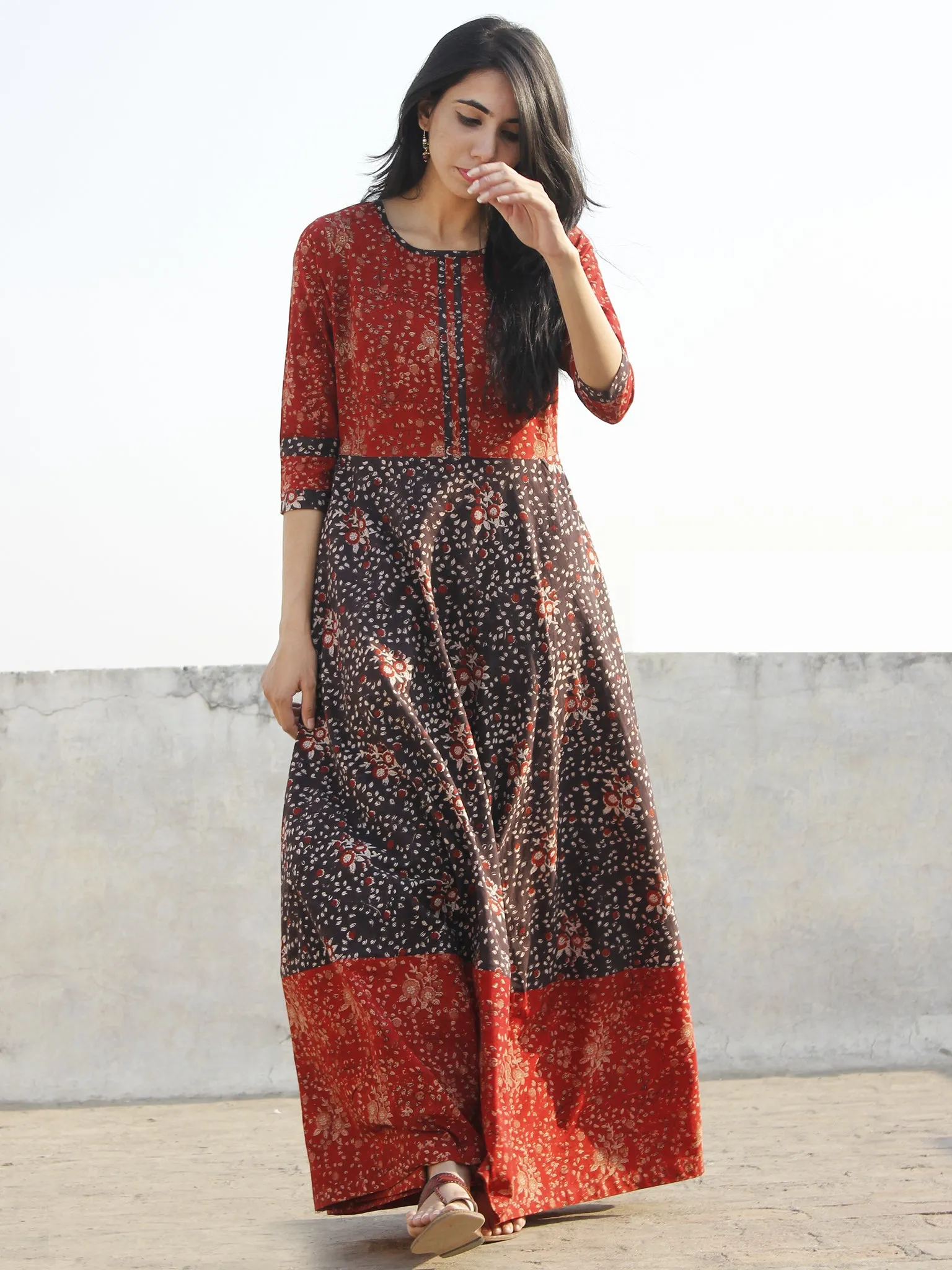 Deep Red Black Maroon Beige Hand Block Printed Long Cotton Dress - D150F1150