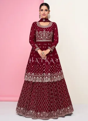 Deep Red Embroidered Peplum Style Georgette Anarkali Lehenga