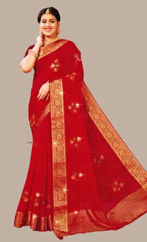 Deep Red Embroidered Sari