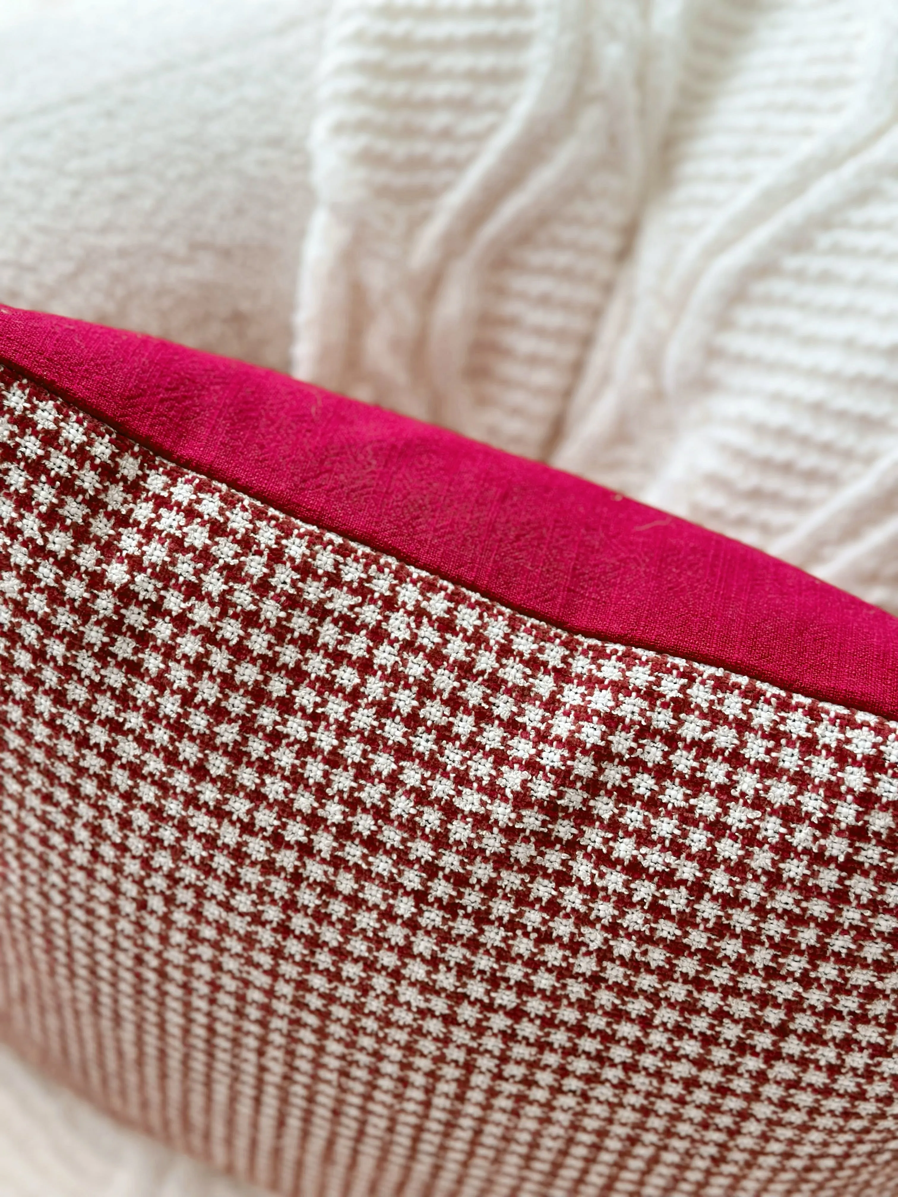 Deep Red Houndstooth Chic Cushion Cover