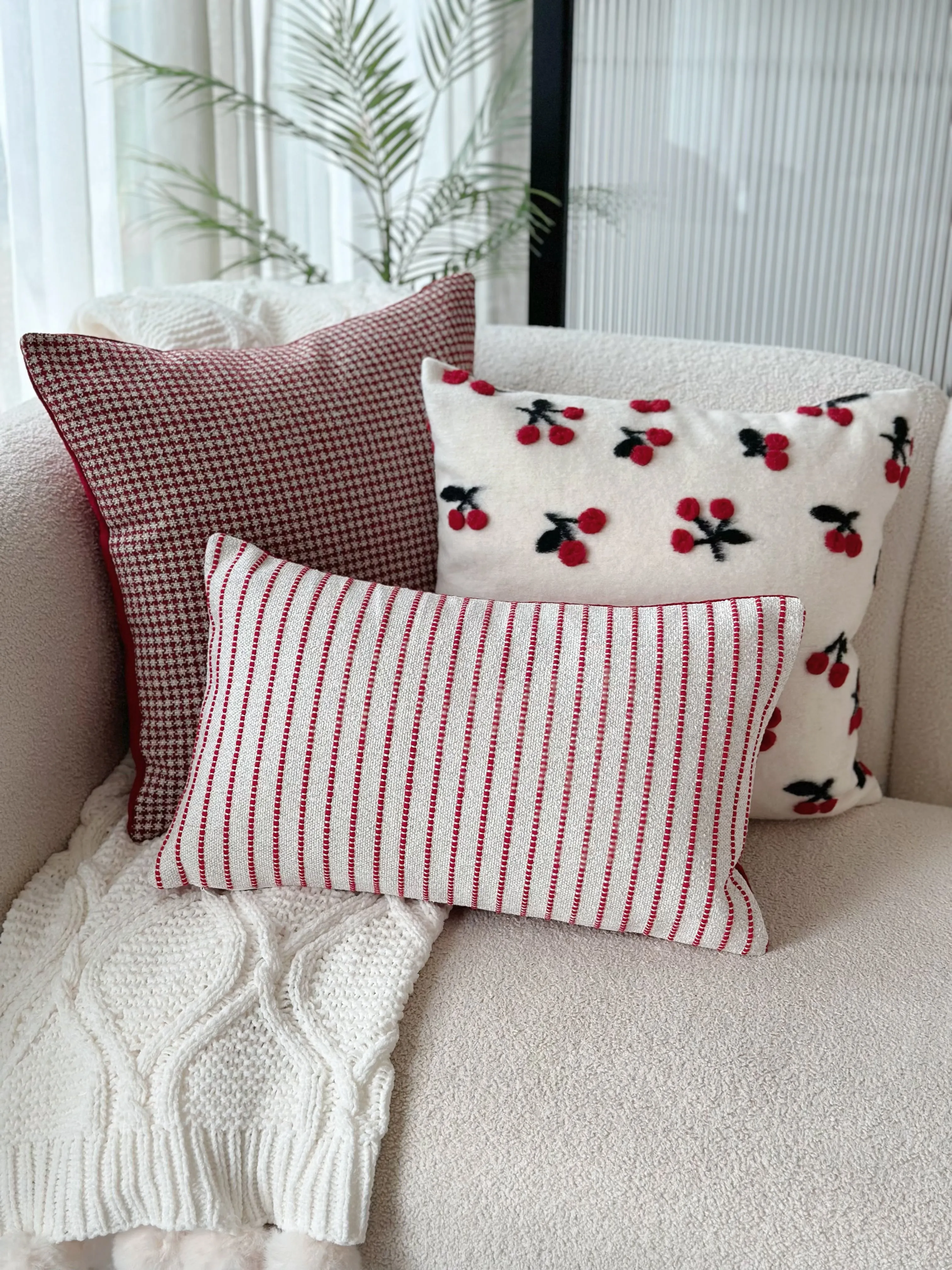 Deep Red Houndstooth Chic Cushion Cover