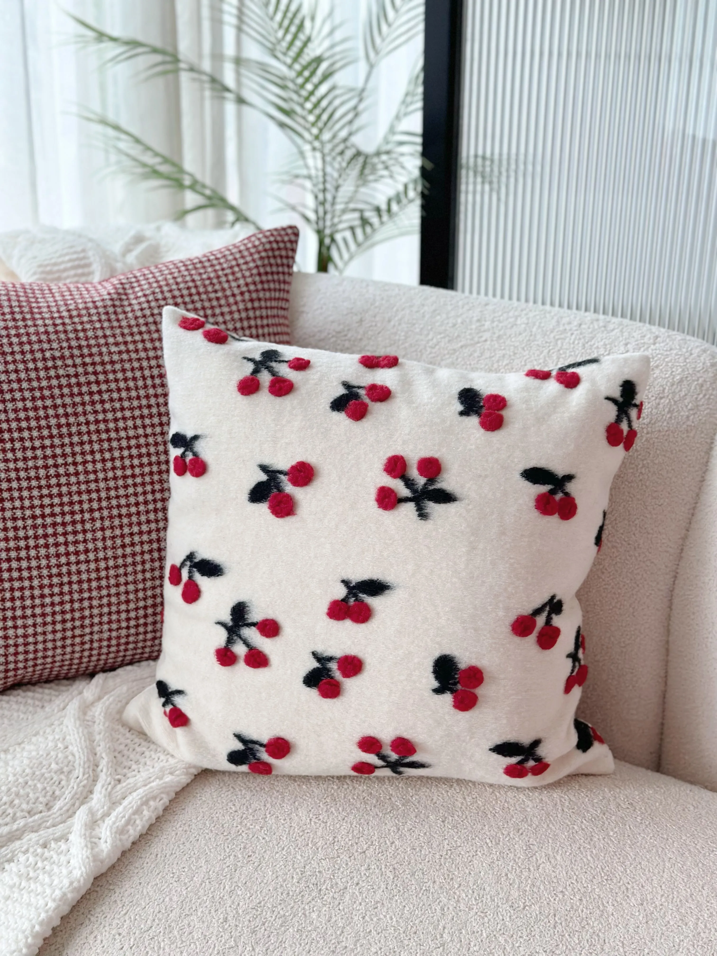 Deep Red Houndstooth Chic Cushion Cover