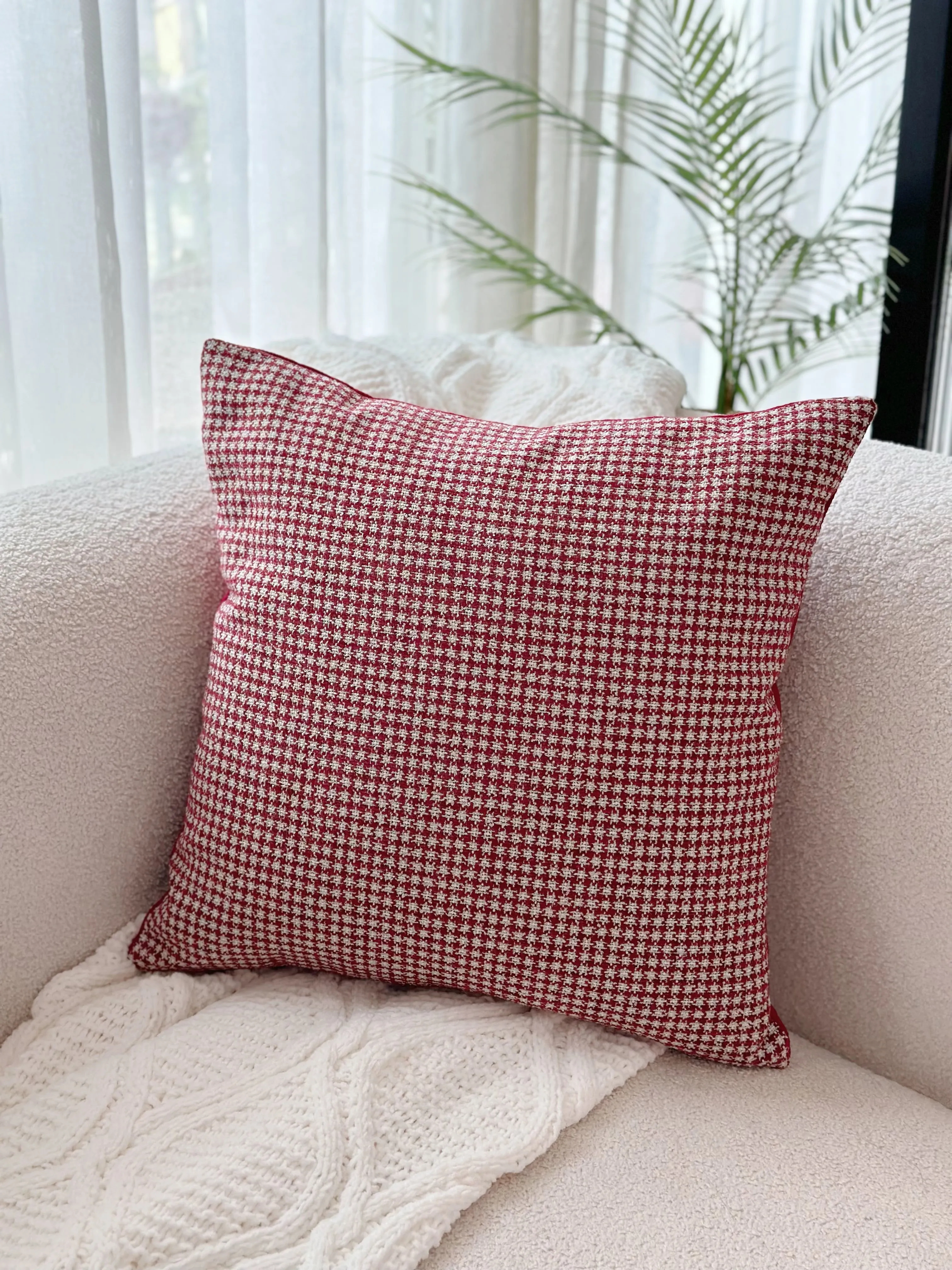 Deep Red Houndstooth Chic Cushion Cover