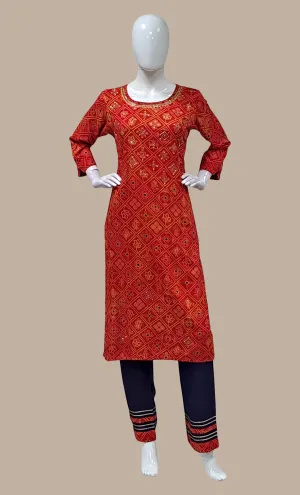 Deep Red Printed Kurti Top & Pants