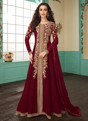 Deep Red Slit Style Embroidered Anarkali Suit