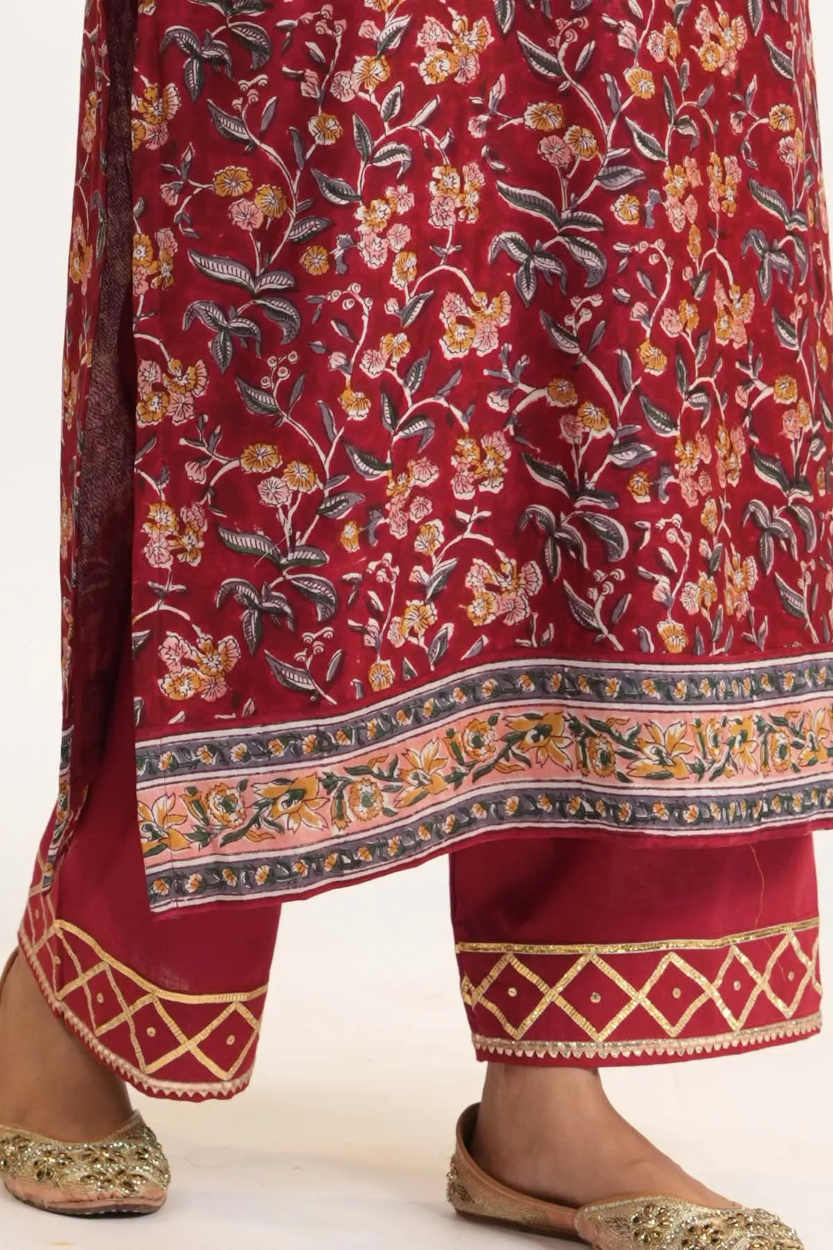 Deep Red Straight Pants With  Gota Work