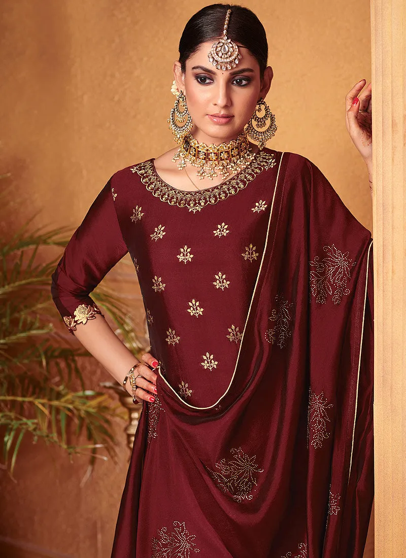 Deep Red Zari Embroidered Palazzo Suit