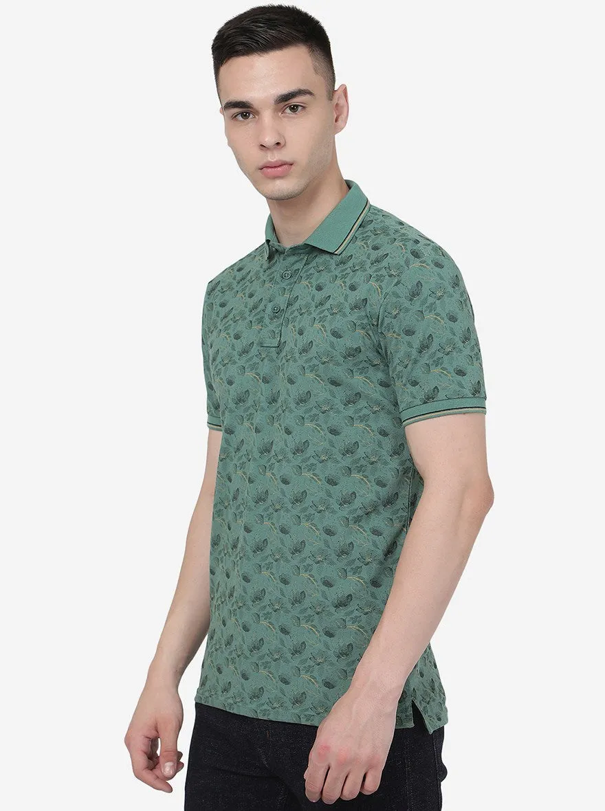 Deep Sea Green Printed Slim Fit Polo T-Shirt | JadeBlue