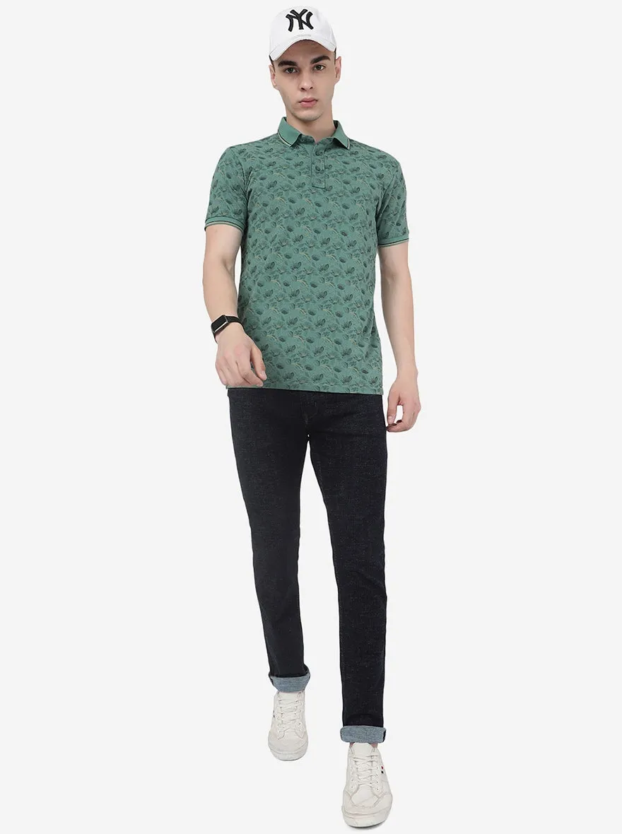 Deep Sea Green Printed Slim Fit Polo T-Shirt | JadeBlue