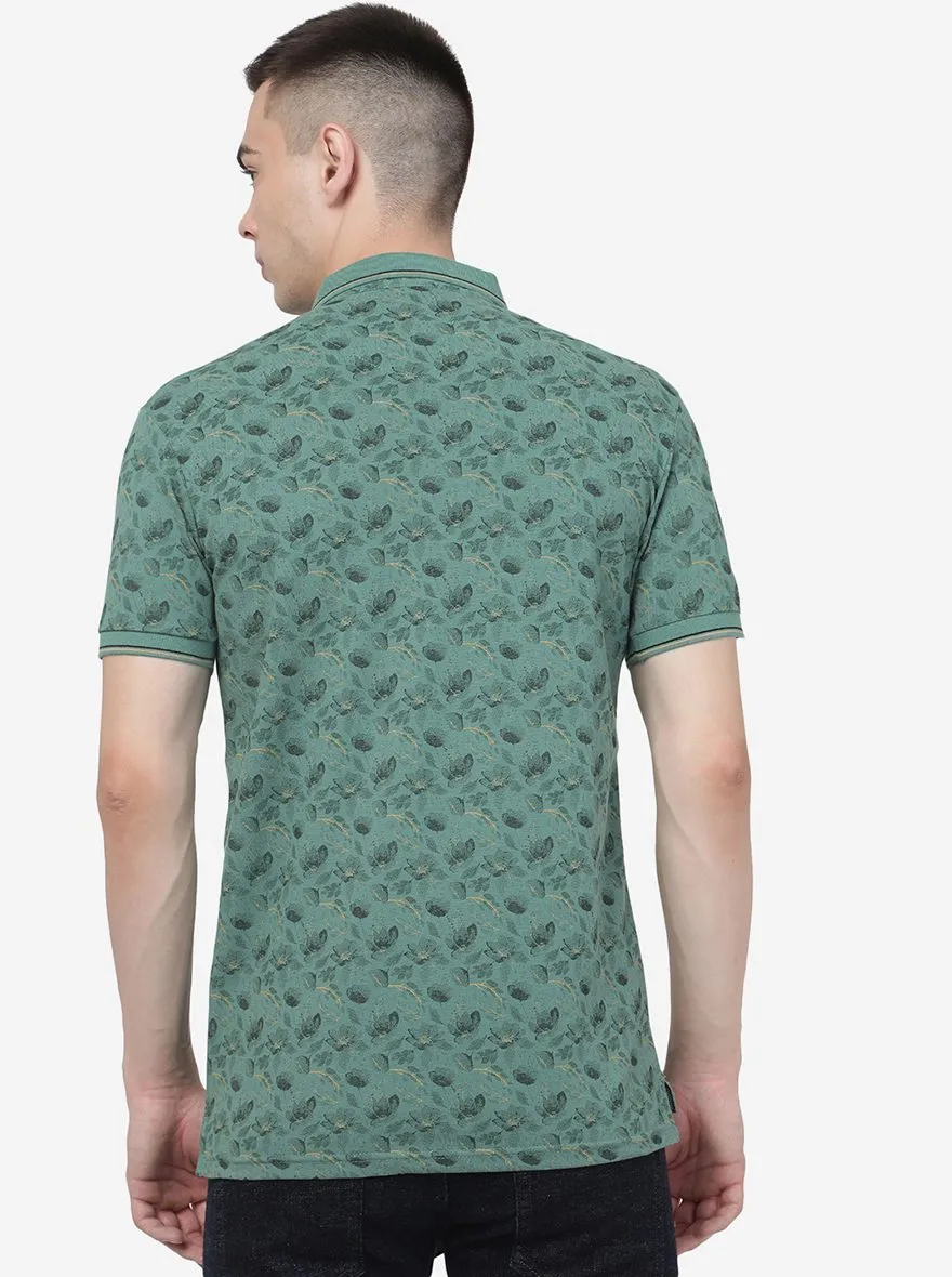 Deep Sea Green Printed Slim Fit Polo T-Shirt | JadeBlue