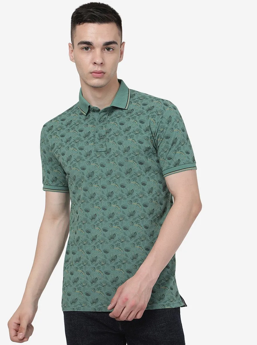 Deep Sea Green Printed Slim Fit Polo T-Shirt | JadeBlue