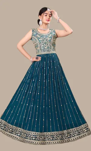 Deep Teal Embroidered Gown & Dupatta