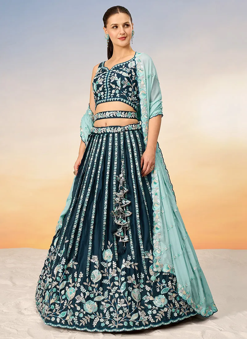 Deep Turquoise Embroidered Bridal Lehenga Choli