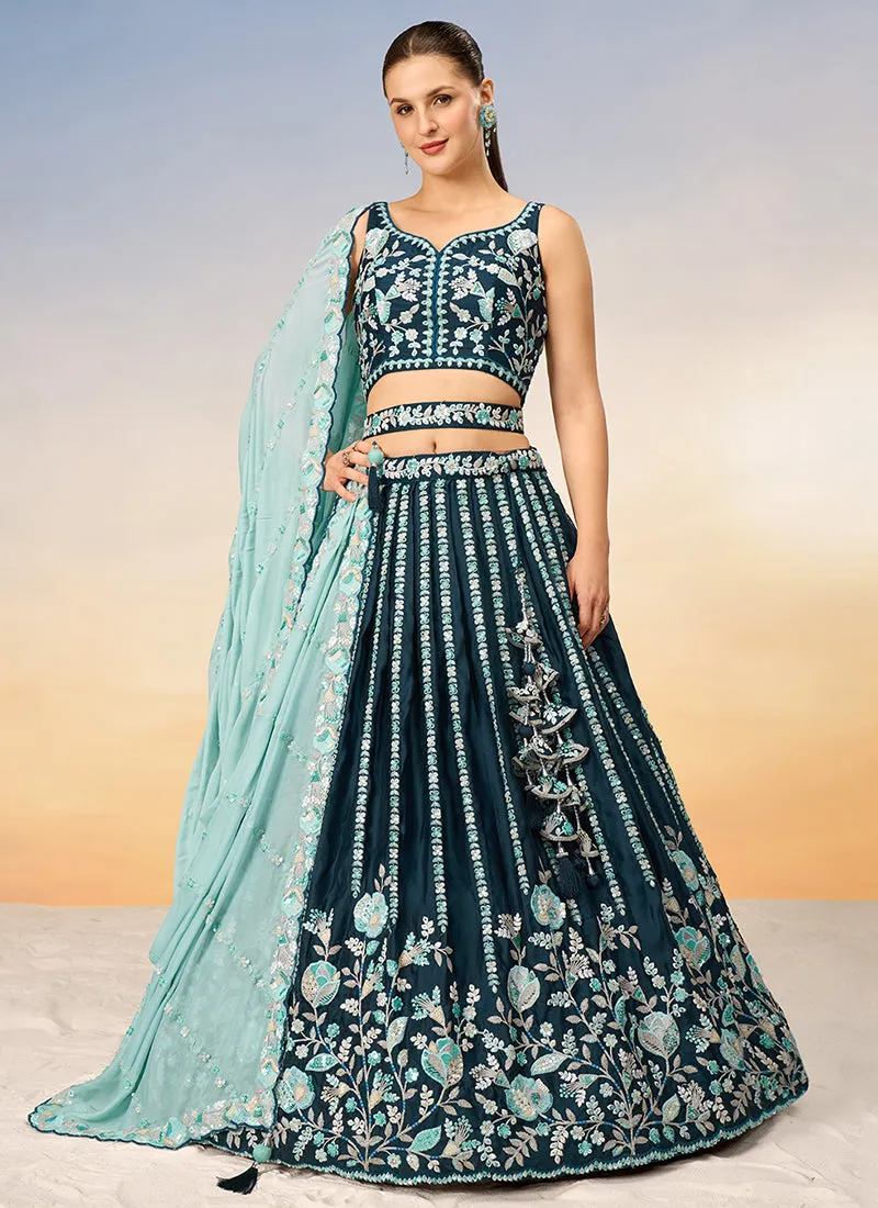 Deep Turquoise Embroidered Bridal Lehenga Choli