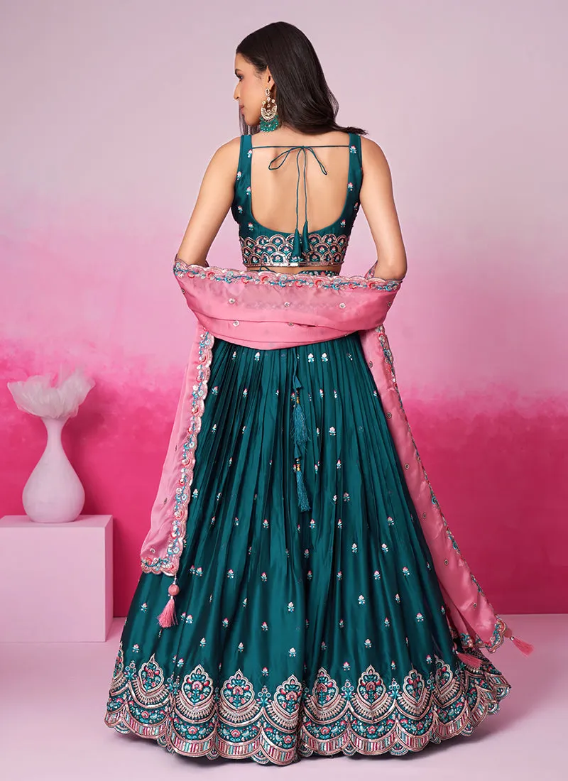 Deep Turquoise Multi Embroidered Bridal Lehenga Choli