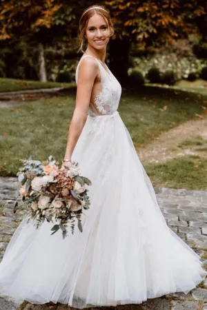 Deep V-Neck Floor-Length Floral A-Line Wedding Dress with Open Back and Tulle