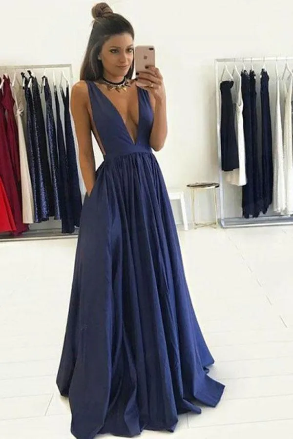 Deep V-Neck Floor-Length Royal Blue Taffeta Prom Dress with Pockets PG465