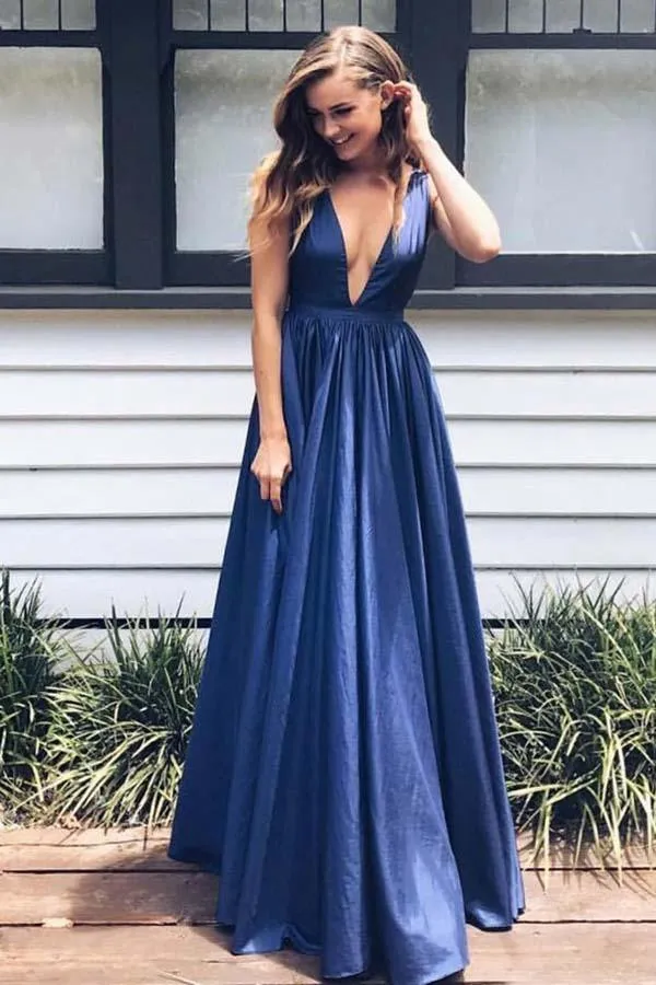 Deep V-Neck Floor-Length Royal Blue Taffeta Prom Dress with Pockets PG465