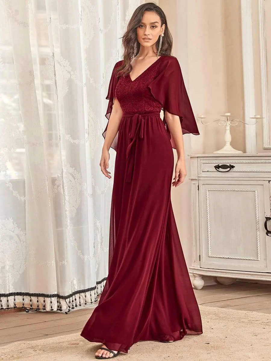 Deep V Neck Lace Bodice Long Flowy Evening Dress