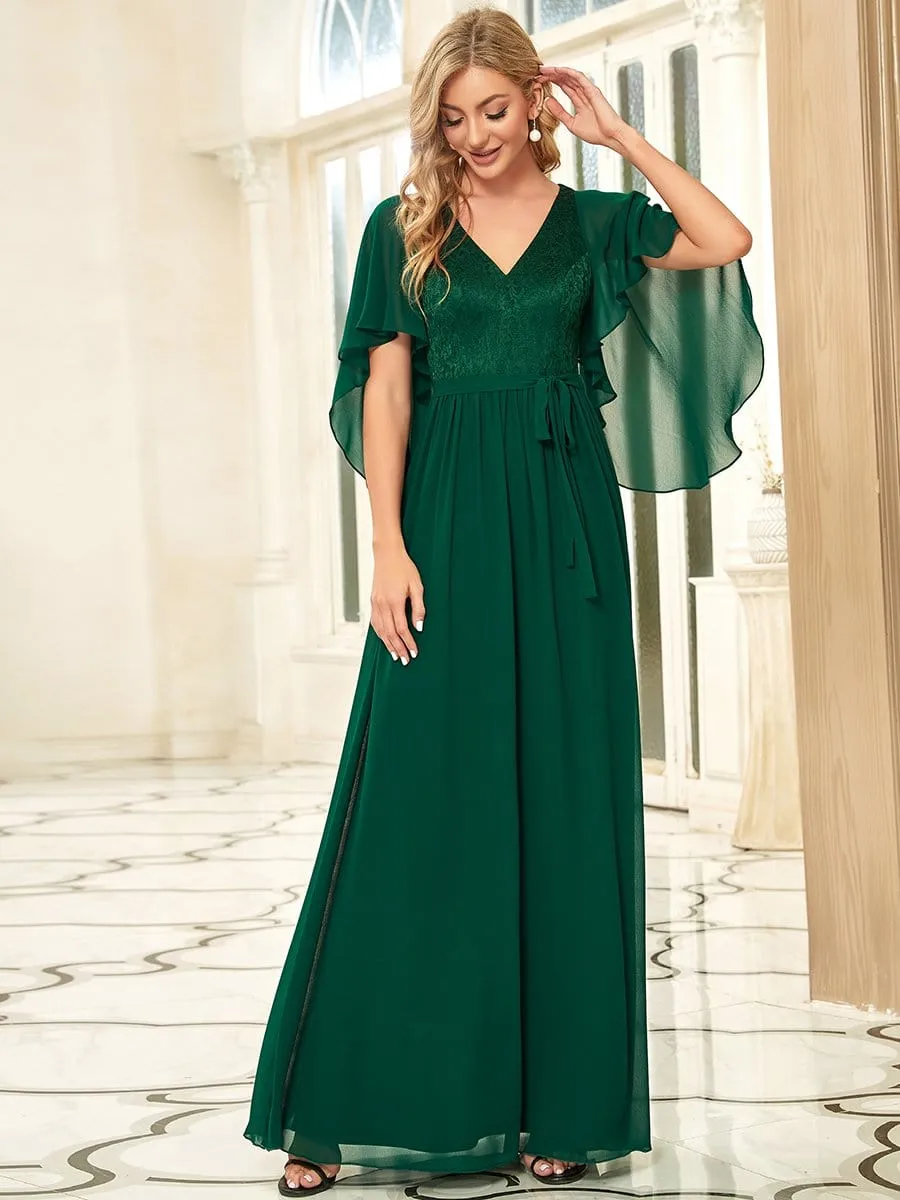 Deep V Neck Lace Bodice Long Flowy Evening Dress