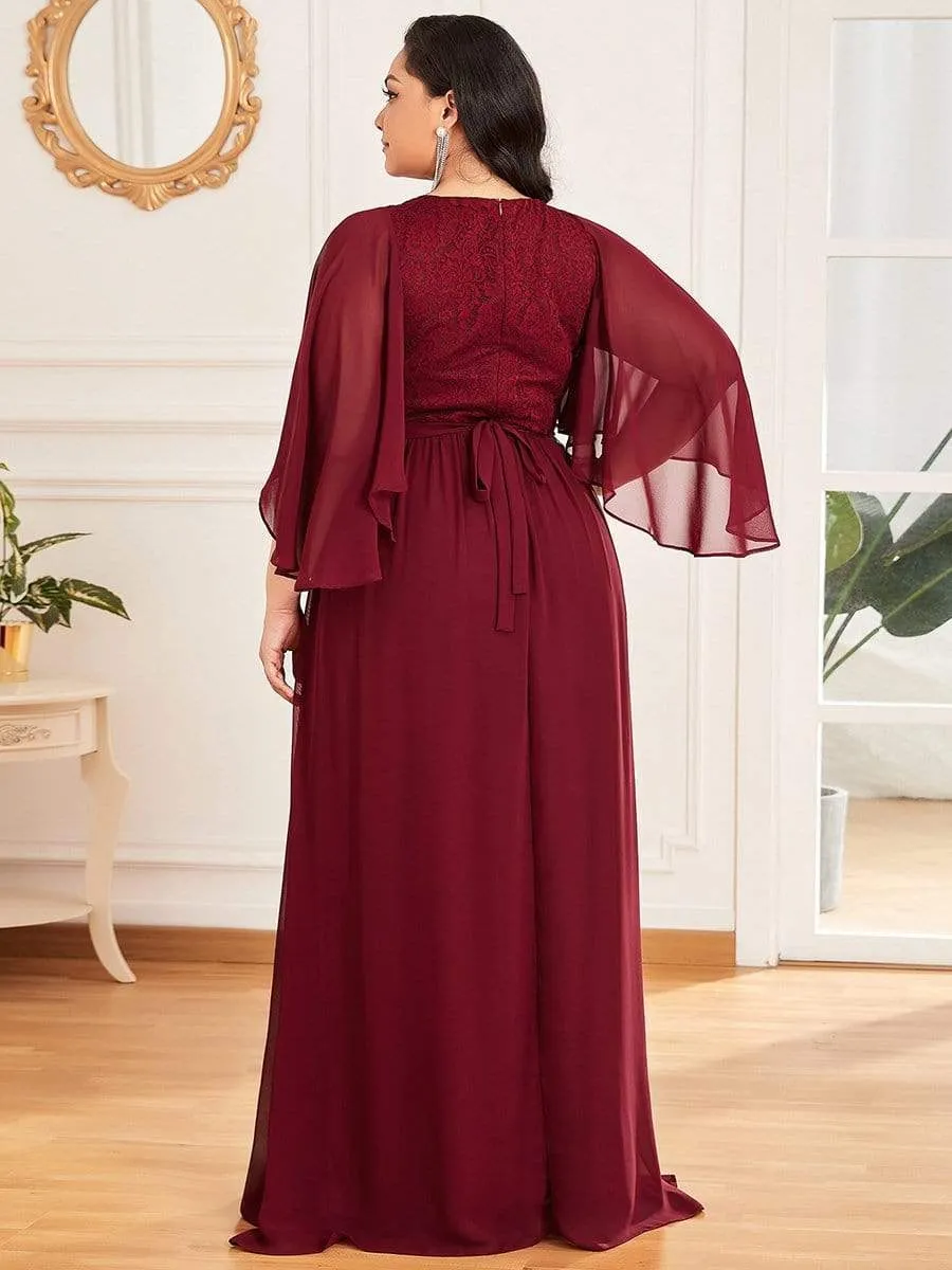 Deep V Neck Lace Bodice Long Flowy Evening Dress