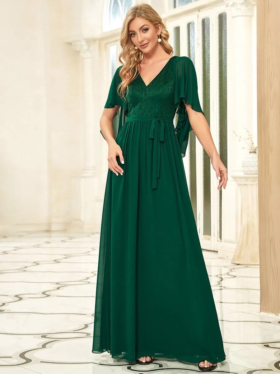 Deep V Neck Lace Bodice Long Flowy Evening Dress