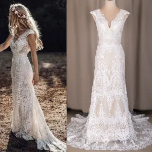 Deep V-Neck Lace Sheath Boho Bohemian Wedding Bridal Dress