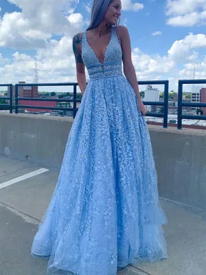 Deep V Neck Light Blue Lace Long Prom Dresses, Light Blue Lace Formal Graduation Evening Dresses