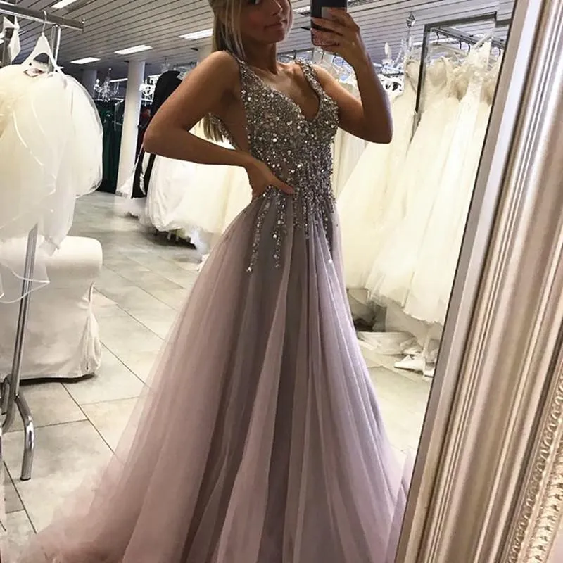 Deep V Neck Long Tulle Split Prom Evening Dresses With Sequins And Beads