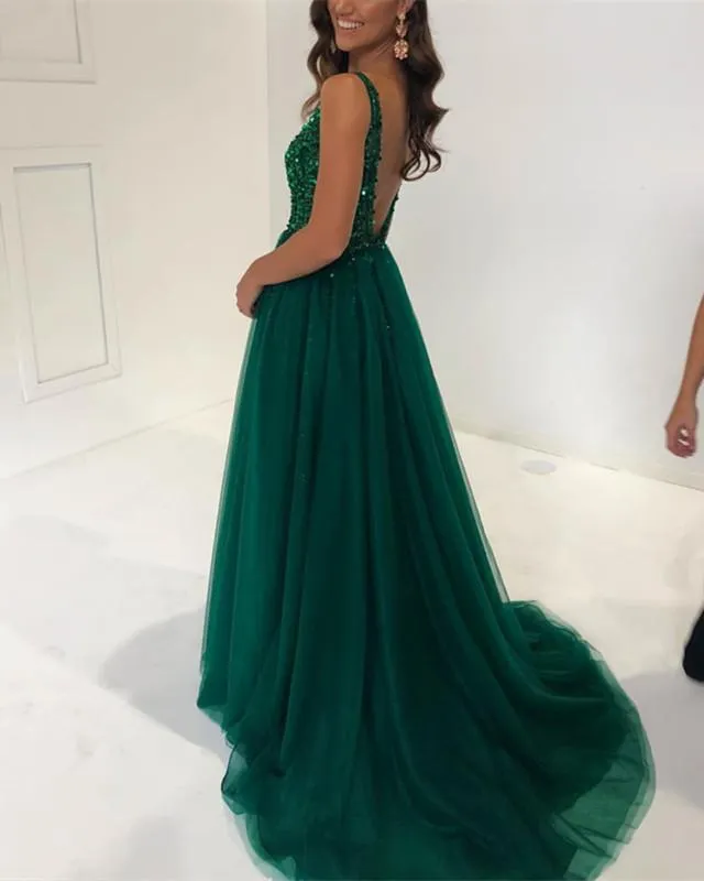 Deep V Neck Long Tulle Split Prom Evening Dresses With Sequins And Beads