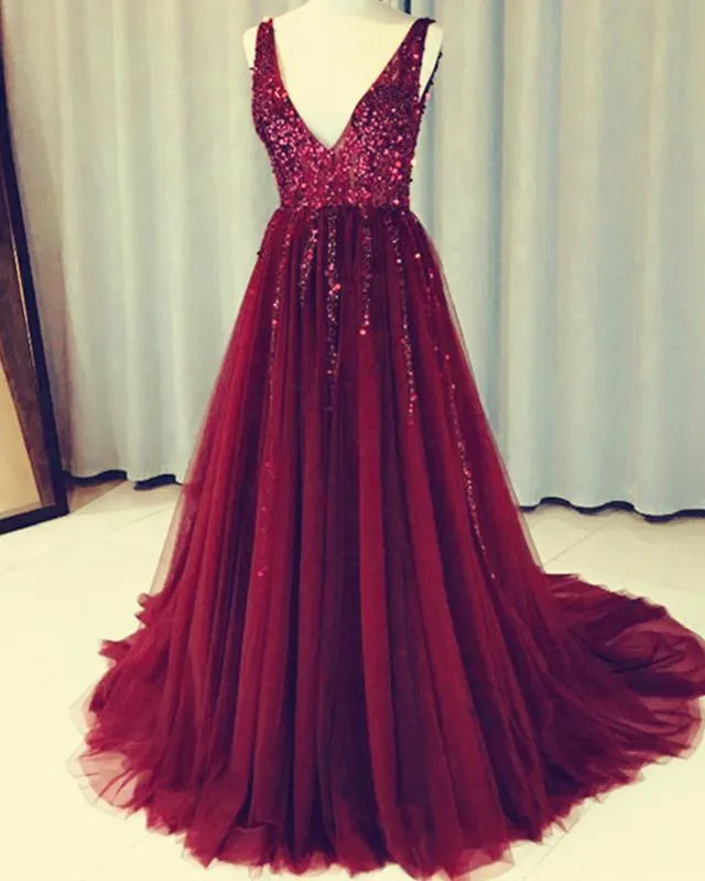 Deep V Neck Long Tulle Split Prom Evening Dresses With Sequins And Beads