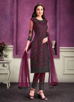 Deep Wine Designer Embroidered Pant Style Suit